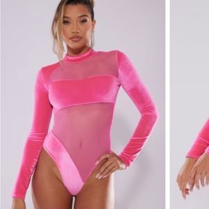 Hot pink velvet mesh panel high bodysuit